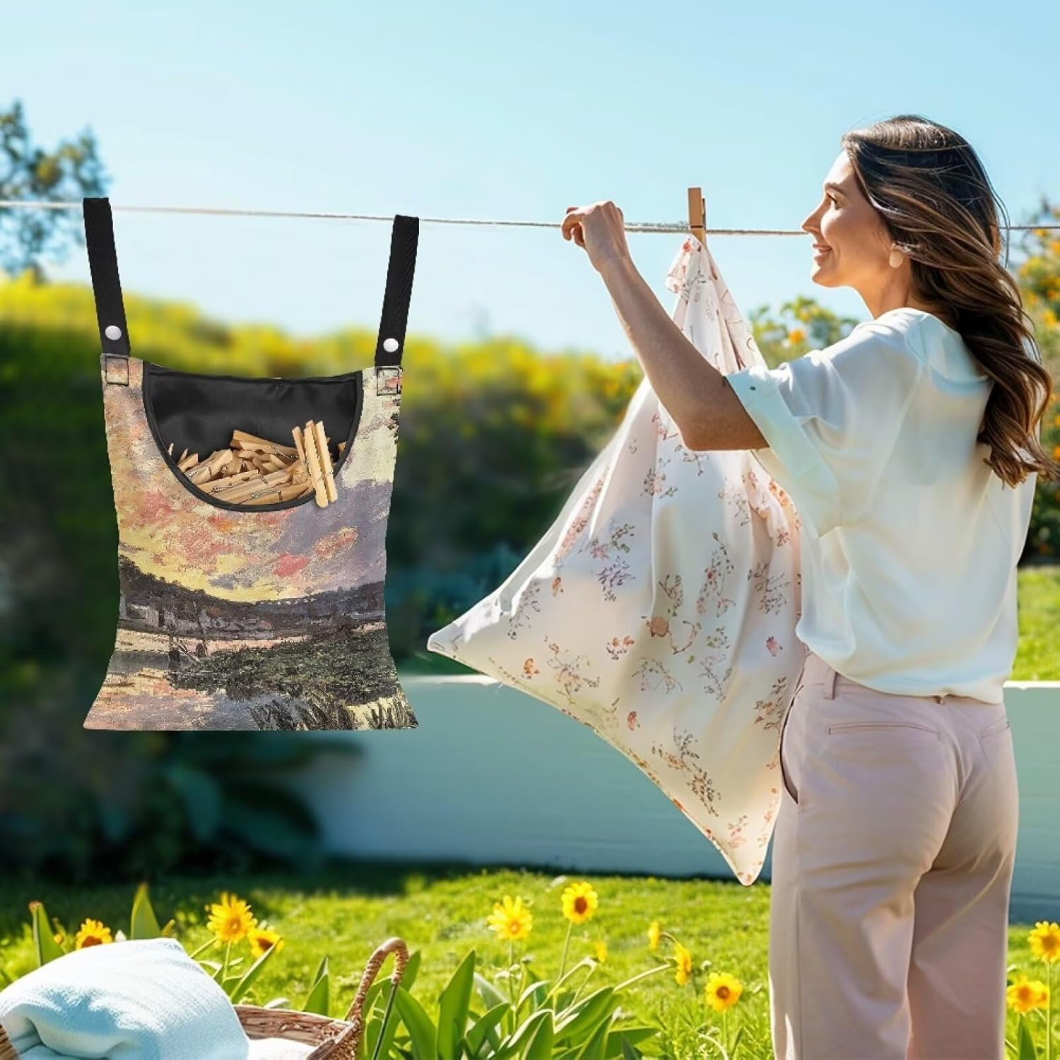 All-Weather Clothespin Holder Bag - Bennecourt, Soleil Couchant Durable Outdoor Storage Solution for Clothes Pins - Features Windproof Design & Secure Snap Closure - 14.5"x12" Size