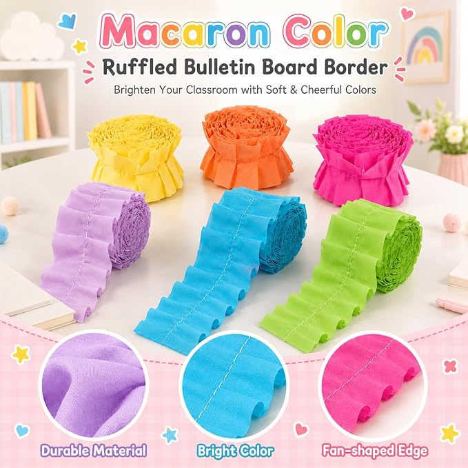 6 Rolls 40 Ft Ruffled Bulletin Board Borders Back to School Classroom Decor - Image 3