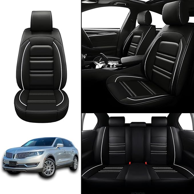 Seat Covers for Lincoln mkx 2007-2018 | 5-Seats Leather Seat Covers, Easy to Install Automotive Seat Covers Full Set (Full Set, Black&White Line)