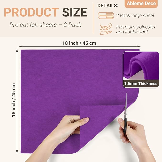 Purple Felt Fabric Sheets 18" x 18" 1.6mm Soft Craft Felt Squares | Soft Precut - Image 2