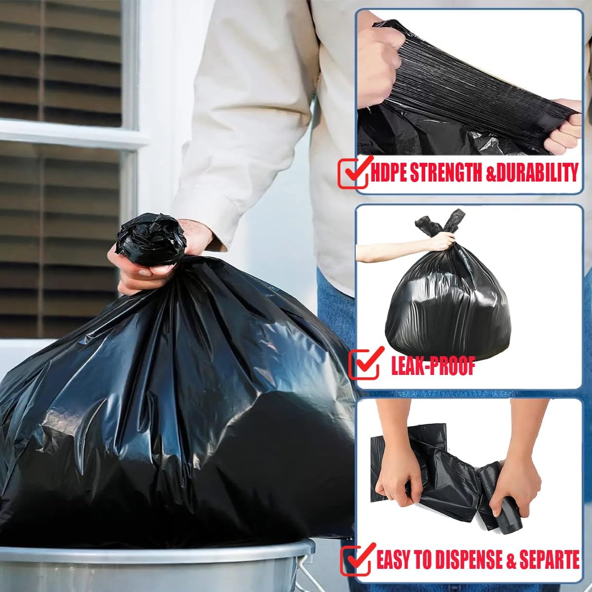 2-4 Gallon Trash Bags, 400 Count Black Garbage bags, Small Trash Can Bin Liners for Bathroom, Office, Industrial, Commercial, Janitorial, Municipal, Recycling