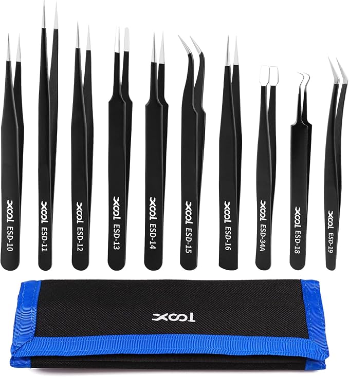 XOOL 10 PCS ESD Precision Tweezers Set, Anti-Static Stainless Steel Tweezers Kit by XOOL