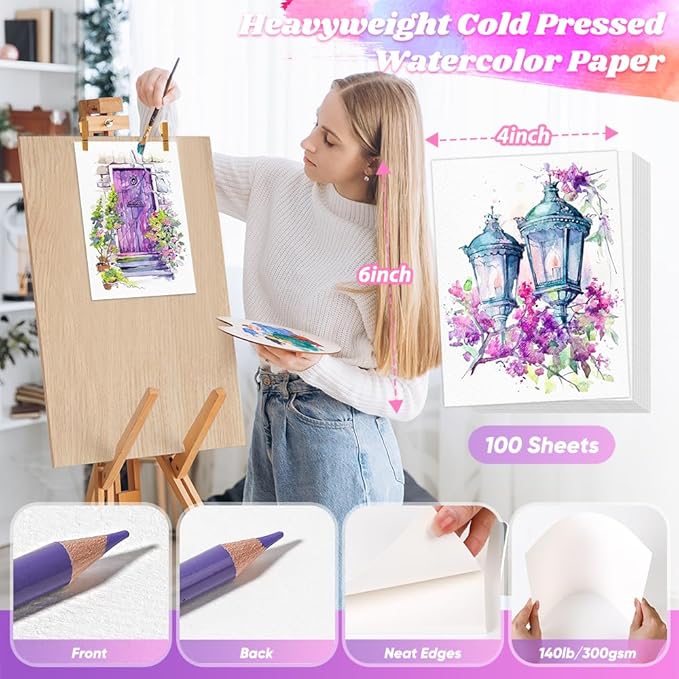 100 Sheets Watercolor Paper, Loose Drawing Paper | 140lb/300gsm White Water - Image 2