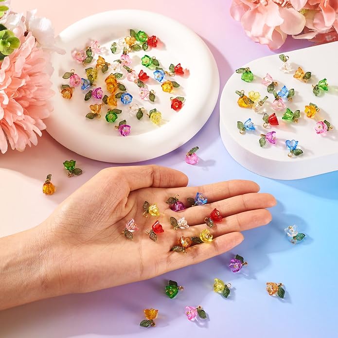 Cheriswelry 100pcs Flower Bracelet Charms Leaf Flower Acrylic Dangle Pendants - Image 5