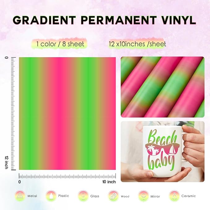 Tintnut Gradient Permanent Vinyl 8 Pcs12x10in Green Pink Adhesive Vinyl | - Image 2