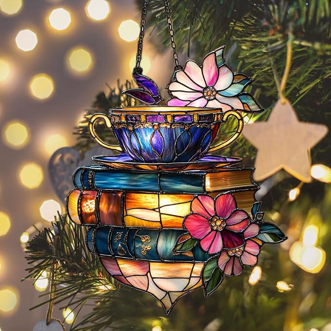 Floral Coffee Cup and Books Acrylic Suncatcher Stained Glass Effect Window Car - Image 6