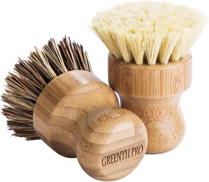 Palm Pot Brush- Bamboo Round 3 Packs Mini Dish Brush Natural Scrub Brush - Image 2