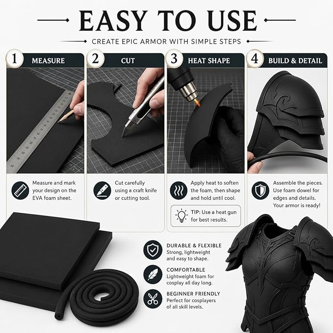 3-Piece EVA Cosplay Foam Kit, Includes 2 Black EVA Foam Sheets and 15mm x 2m - Image 4