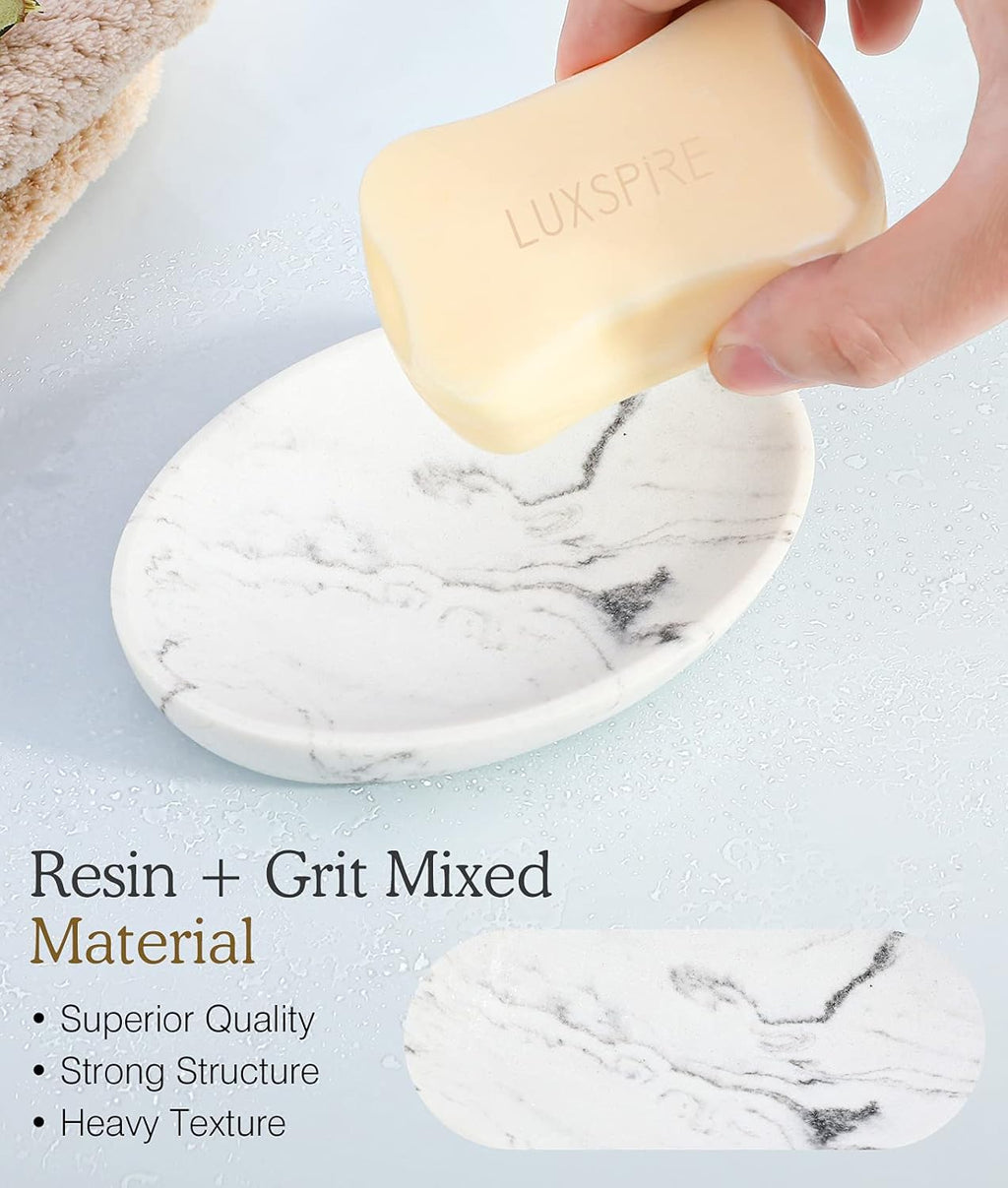 Luxspire Soap Dish, Resin Soap Tray Soap Holder Container Box, Marble Pattern Oval Soap Plate Case, Sponge Dish Scrubbers Tray Holder for Bathroom Vanity Shower Kitchen Sink Counter Top, Gravel White