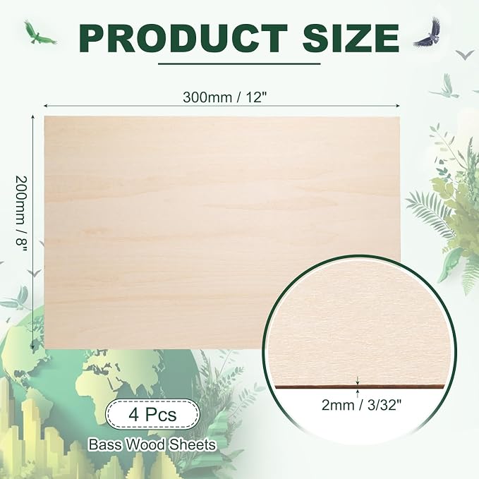 HARFINGTON 4pcs 2mm Basswood Plywood Sheets 12" x 8" x 3/32" Thin Unfinished - Image 2