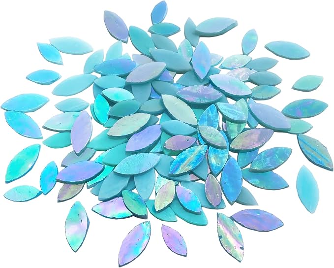 120 Pcs Iridescent Aqua Mosaic Tiles, Hand Cut Stained Glass Petals, Floral by KALUCION