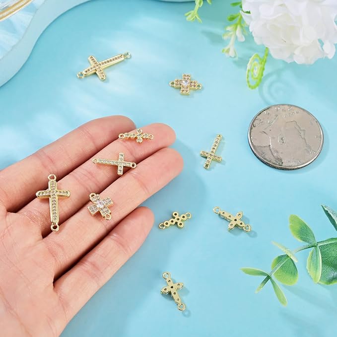 Cheriswelry 10pc Cubic Zirconia Cross Charms 18K Gold Plated Link Pendants | - Image 6