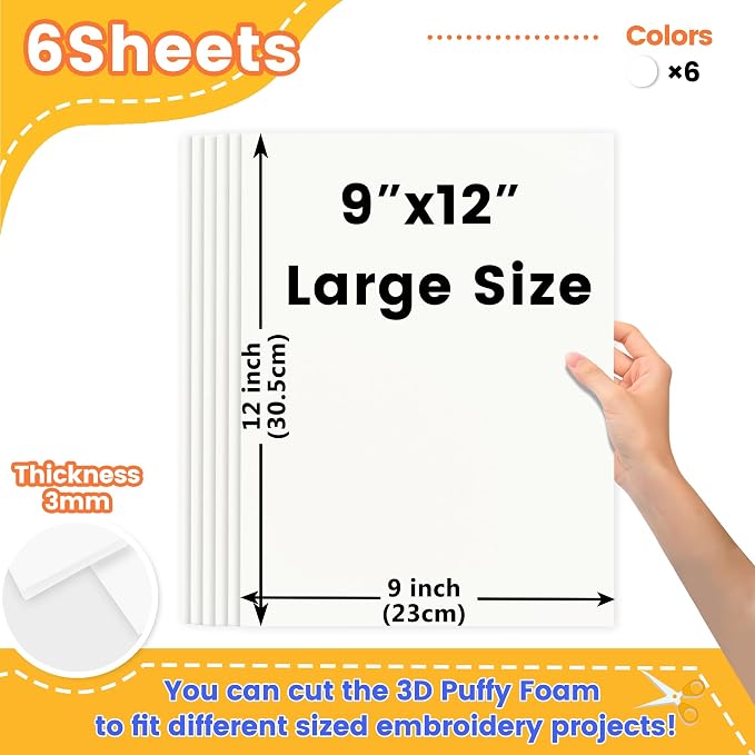 New brothread - 16 Options- 6PCS Embroidery Puffy Foam 9″x12″ Large Size 3MM - Image 2