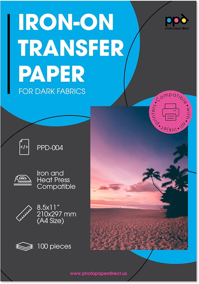 PPD 100 Sheets 8.5x11" Iron-on Heat Transfer Paper Dark Fabrics Inkjet | by PhotoPaperDirect