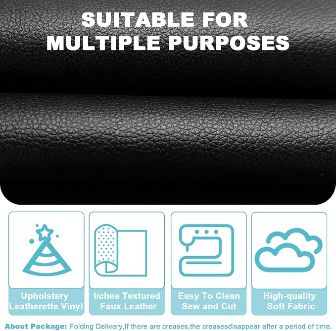 Black Faux Leather Fabric 20"×55" Lychee Grain Upholstery Vinyl - Image 3