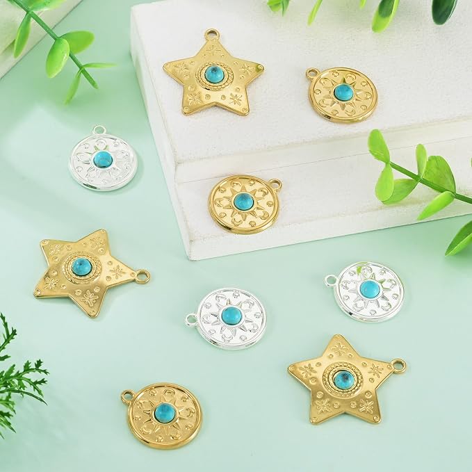 Sun Star Synthetic Turquoise Stone Charms Bohemian Style Charm | 9Pcs Gold - Image 6