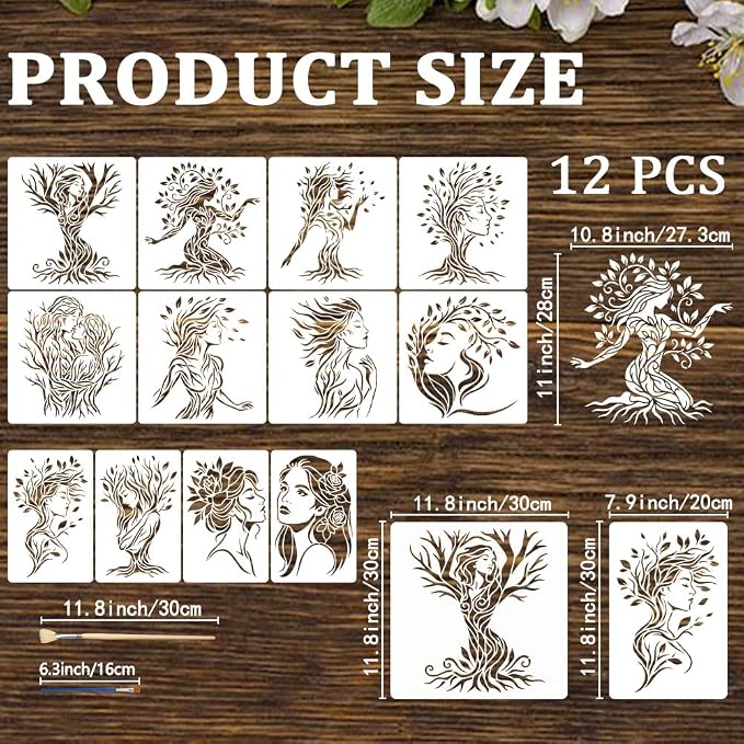12pcs Tree of Life Stencils for Painting Woman Drawing Stencils for Crafts - Image 2