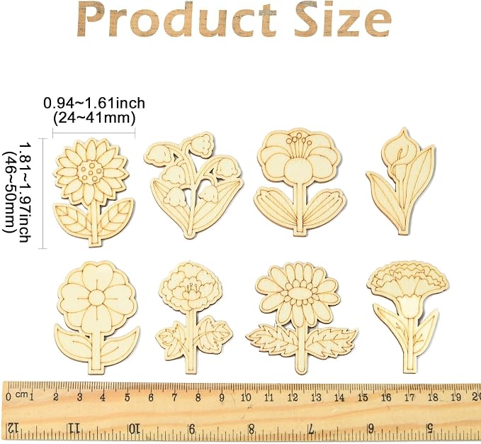 100 pcs Mixed Styles Cute Flower Theme Unfinished Wooden Cutout Charms - Image 2