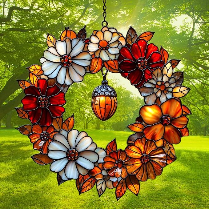 Autumn Floral Wreath Acrylic Suncatcher Stained Glass Effect Window Car Hanging - Image 3