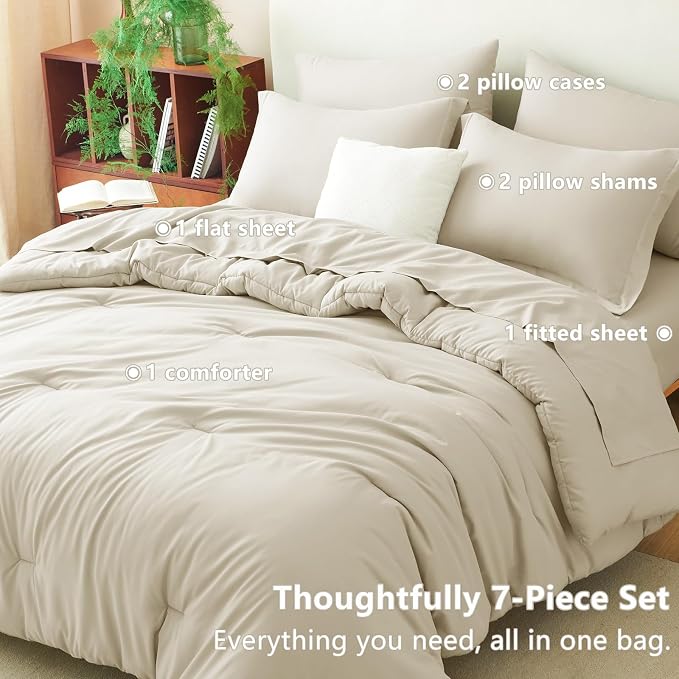 CozyLux King Size Comforter Set Oatmeal, 7 Pieces Bed in a Bag King Comforter - Image 6
