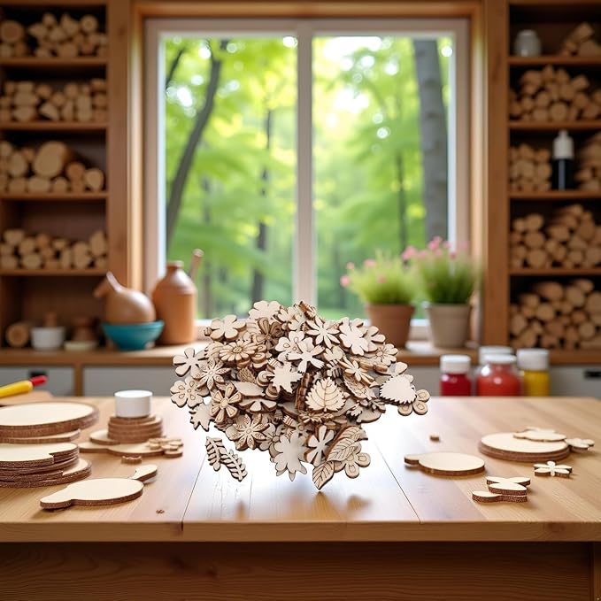 100 Pcs Unfinished Wooden Flower Wood Slice Leaf Pattern Cutouts Wood Pieces - Image 4