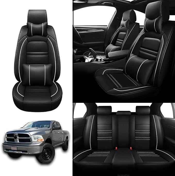Car Seat Covers for Dodge ram 1500 2004-2011 | 5-Seats Seat Covers, Waterproof Seat Protectors, Automotive Seat Covers (Full Set with Pillow,Black&White Line)