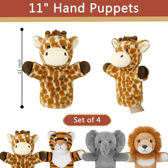 4 PCS 11 Inch Animal Hand Puppet Set Soft Realistic Wild Plush Puppets Toys - Image 2