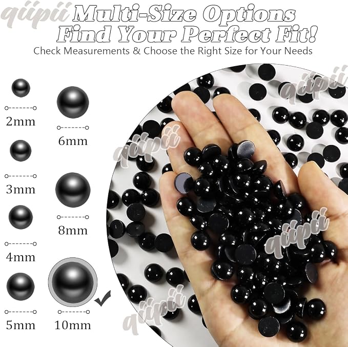qiipii 220PCS 10mm Pure Black Round Half Round Pearls - Image 3