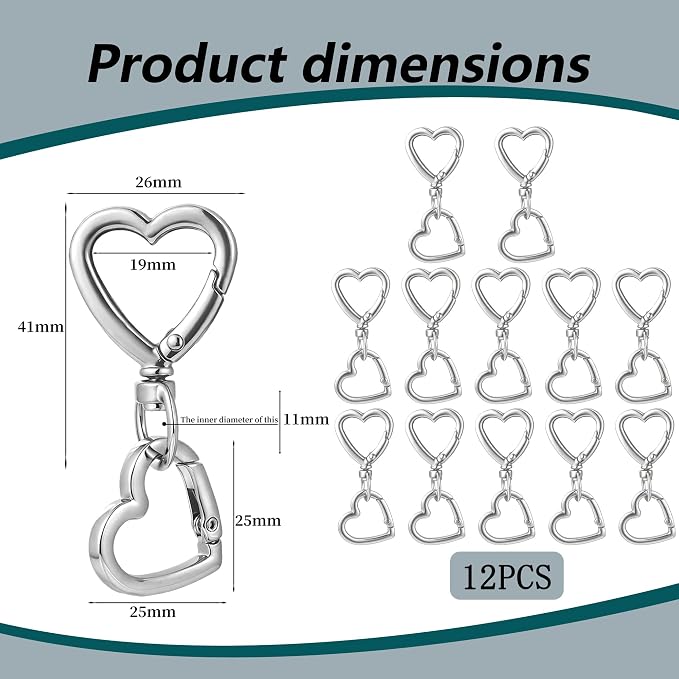 24 Pcs Heart Swivel Spring Clasps，Metal Spring Key Chain Hook Clasps，Clip - Image 3