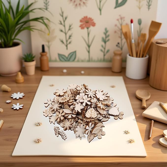 100 Pcs Unfinished Wooden Flower Wood Slice Leaf Pattern Cutouts Wood Pieces - Image 2