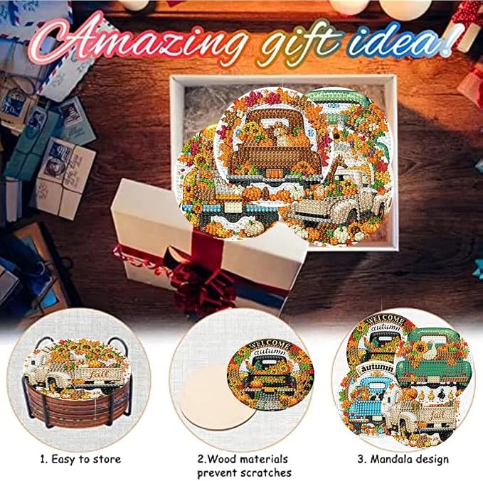8 Pack Diamond Art Coasters, Autumn Truck Diamond Painting Coasters Kits | Fall - Image 6