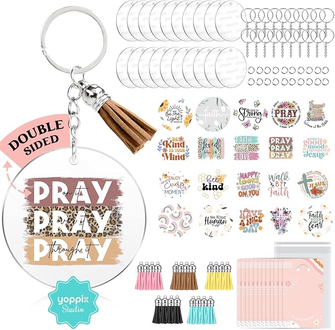 YOPPIX 140 PCS Acrylic Keychain Blank Set, Faith Double-Sided UV DTF Stickers by yoppix
