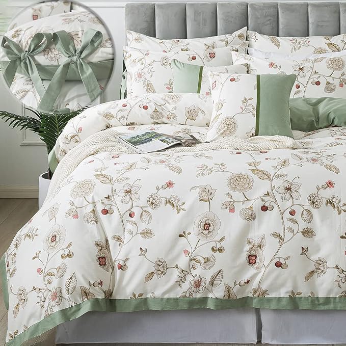 FADFAY Floral Bedding Set Queen 100% Cotton Shabby and Chic Beige Green by CottonWorldSweetDream