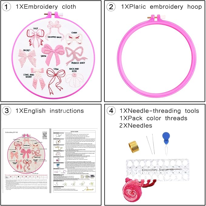 Pink Bowknot Embroidery Kits for Beginners Adults, Cute Hand Embroidery Starter - Image 6