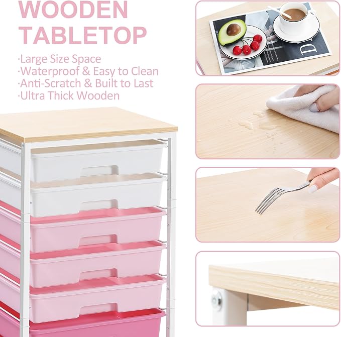 Rolling Cart with Drawers, Storage Cart with 8 Drawers and Wooden Tabletop - Image 4