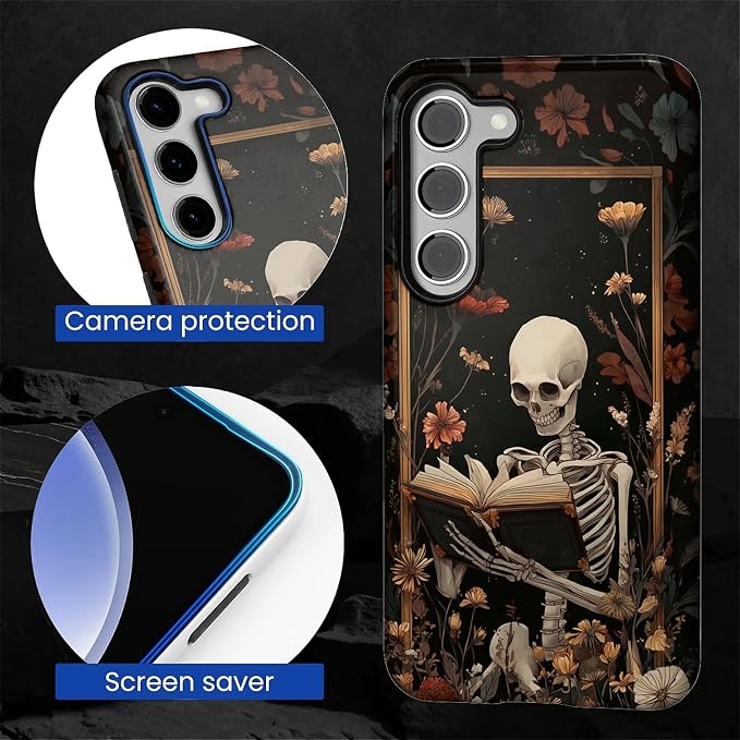 Case for Samsung Galaxy S23 Plus Case, Skeleton Reader Goth Floral Design - Image 2