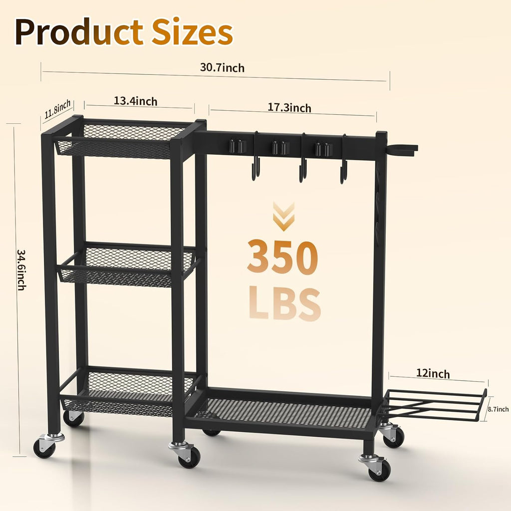 Cleaning Supplies Organizer with Broom Holder Load 350 LBS Cleaning Cart with Wheels Broom Closet Storage with 3-Tier Shelves, 6 Mop Hanger Grippers, 3 Double-Hooks, Vacuum Stand for Laundry Garage