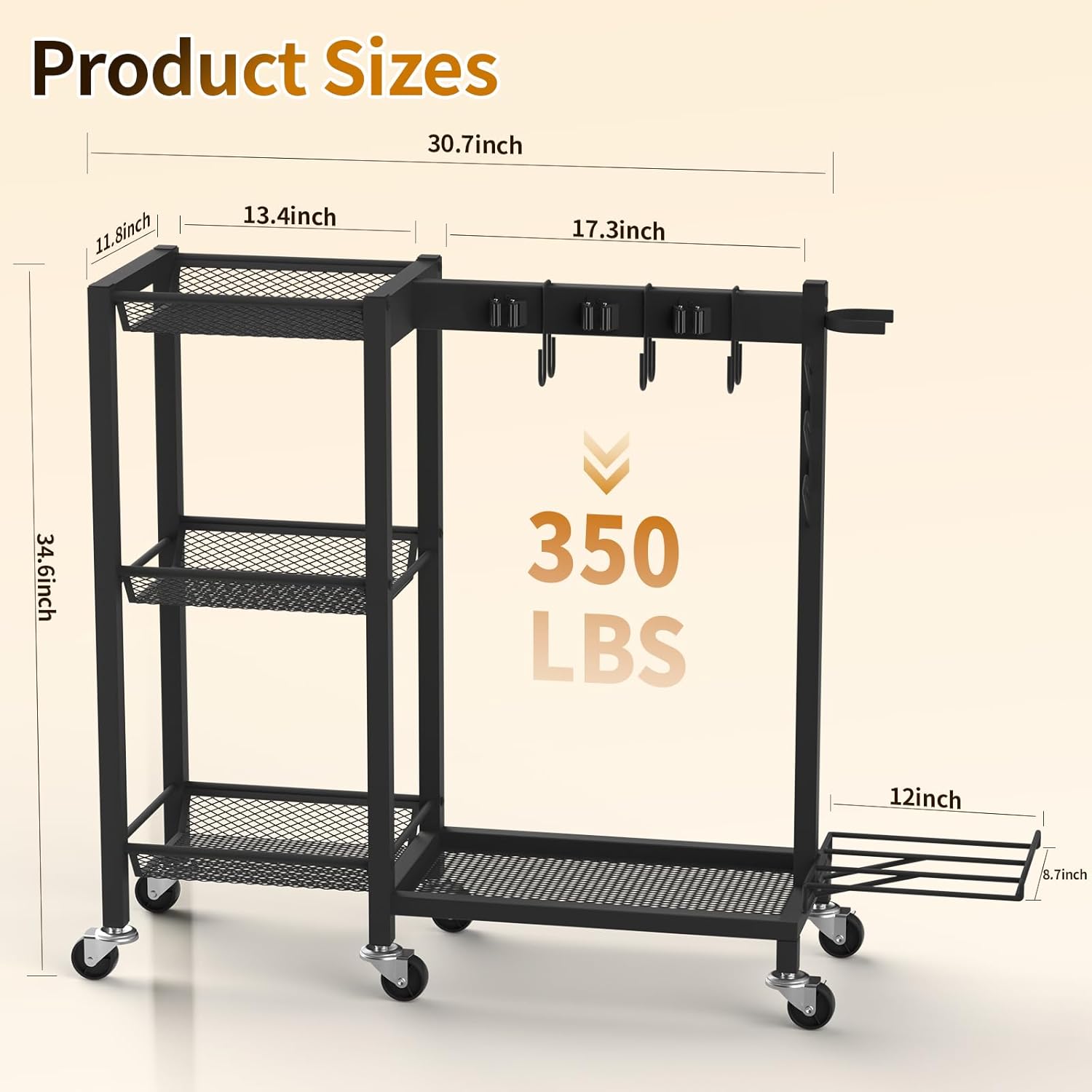 Cleaning Supplies Organizer with Broom Holder Load 350 LBS Cleaning Cart with Wheels Broom Closet Storage with 3-Tier Shelves, 6 Mop Hanger Grippers, 3 Double-Hooks, Vacuum Stand for Laundry Garage