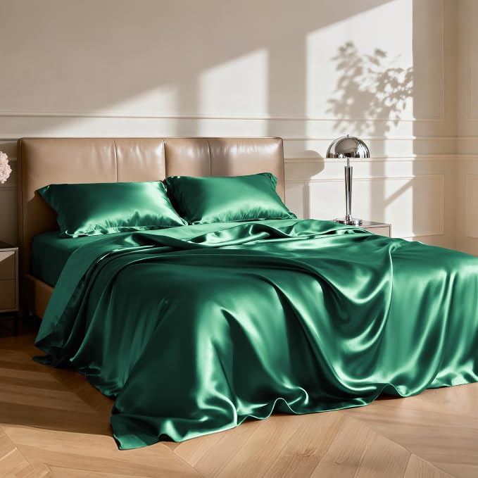 Love's cabin 4Piece California King Satin Bed Linen Set, Dark Green Silky Satin - Image 2