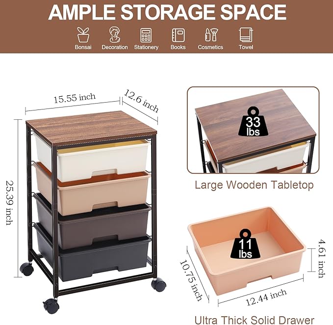 SYKIARIOL Utility Cart with 4 Drawers, Rolling Storage Cart with Drawers - Image 3