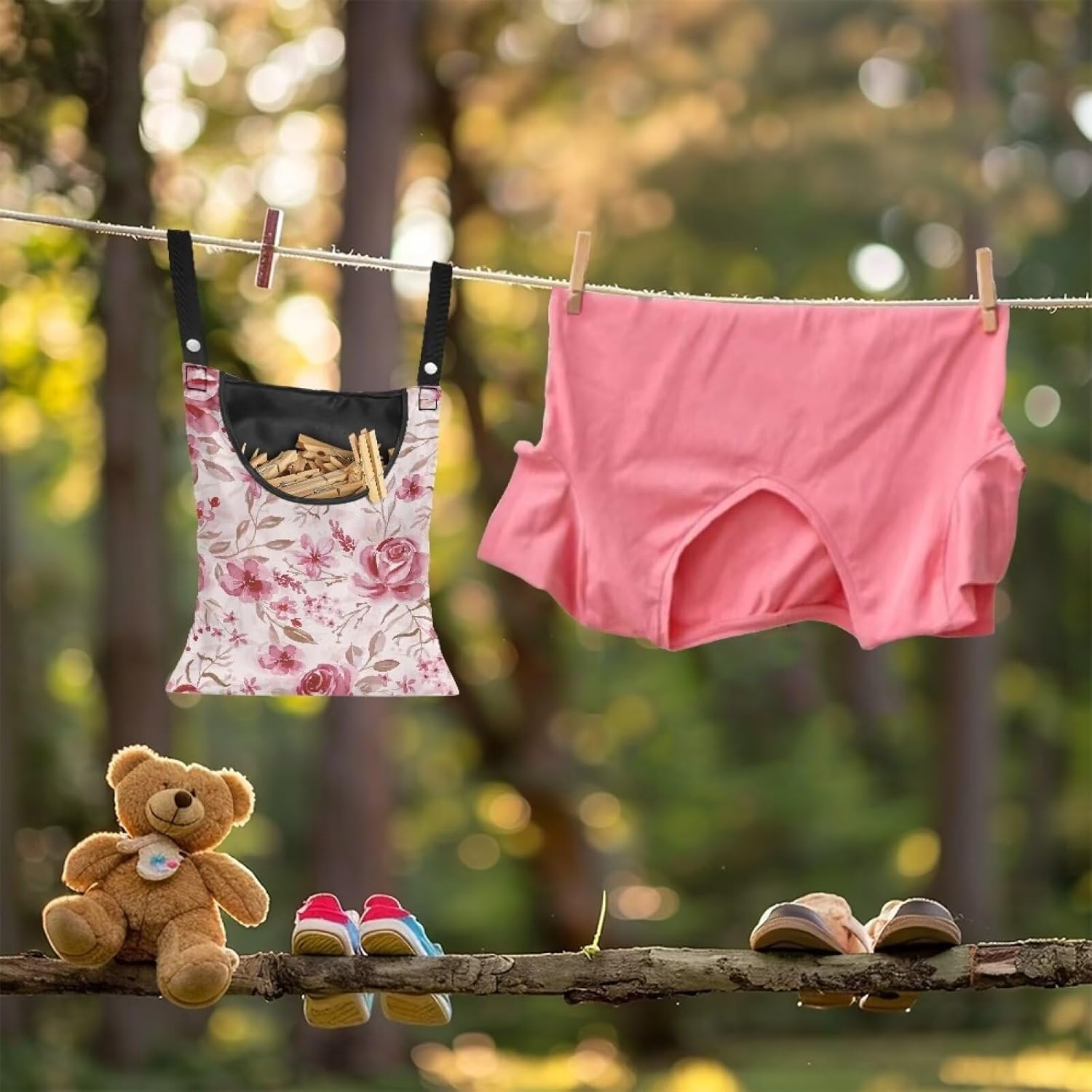 Pink Flowers Clothespin Bag Laundry Hanging Storage Organizer Clothes Pin Hanging Bag with Rope Clothespin Holder with an Space-Saving Opening for Clothesline Outdoor