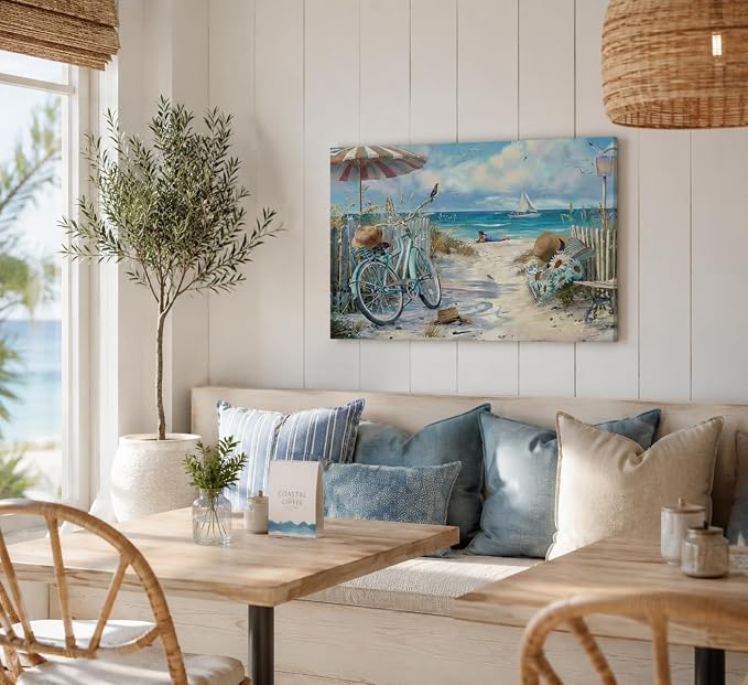 LRTNMTJ Coastal Bicycle Canvas Wall Art Beach Scene Oil Painting Print Summer - Image 2