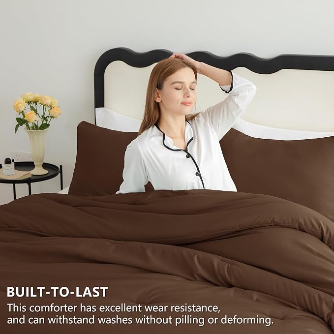 CozyLux King Size Comforter Set Brown, 3 Pieces Solid Comforters King Size - Image 3