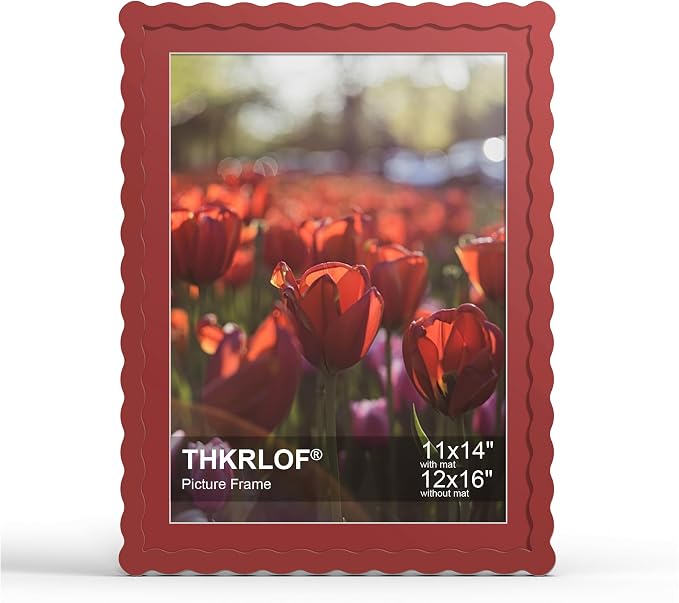 12x16 Picture Frame with Mat for 11x14, Wavy Edge Wooden Real Glass Photo Frame by THKRLOF