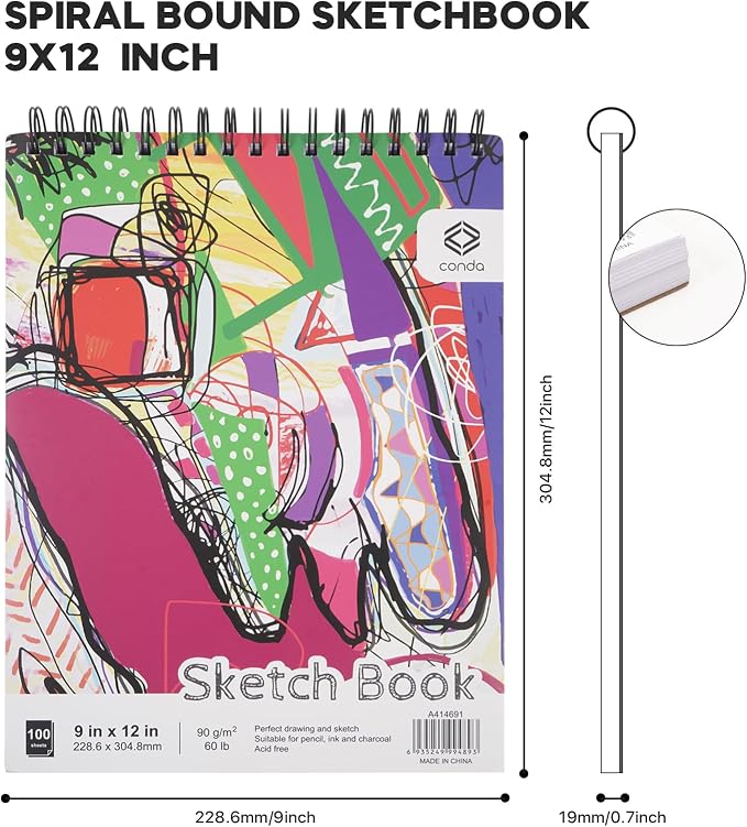 CONDA 9 x 12 Inch Sketchbook, Top Spiral Bound Sketch Pad, 100 Sheets, Durable - Image 4