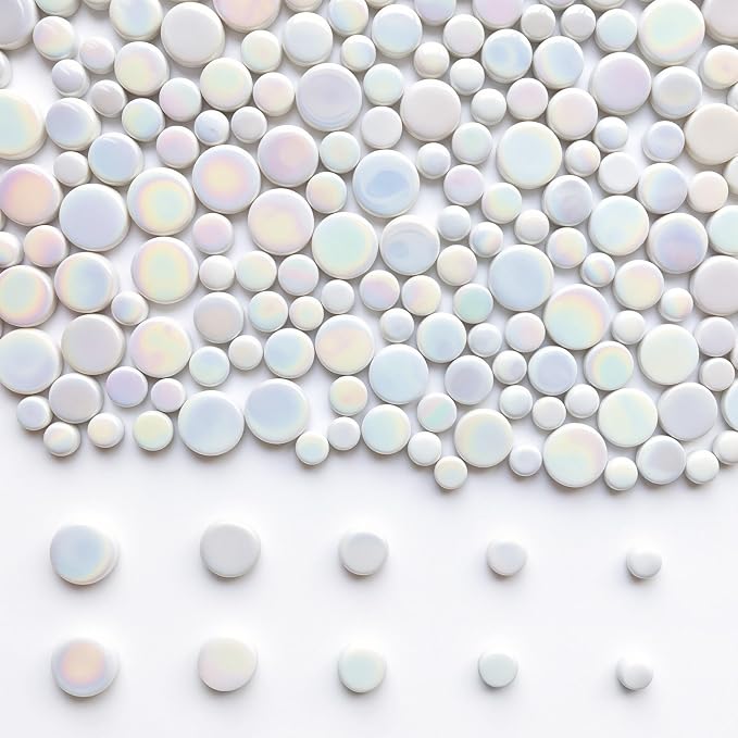 1.1lb Premium Iridescent White Glass Penny Rounds, Round Mosaic Tiles by AONUOAO