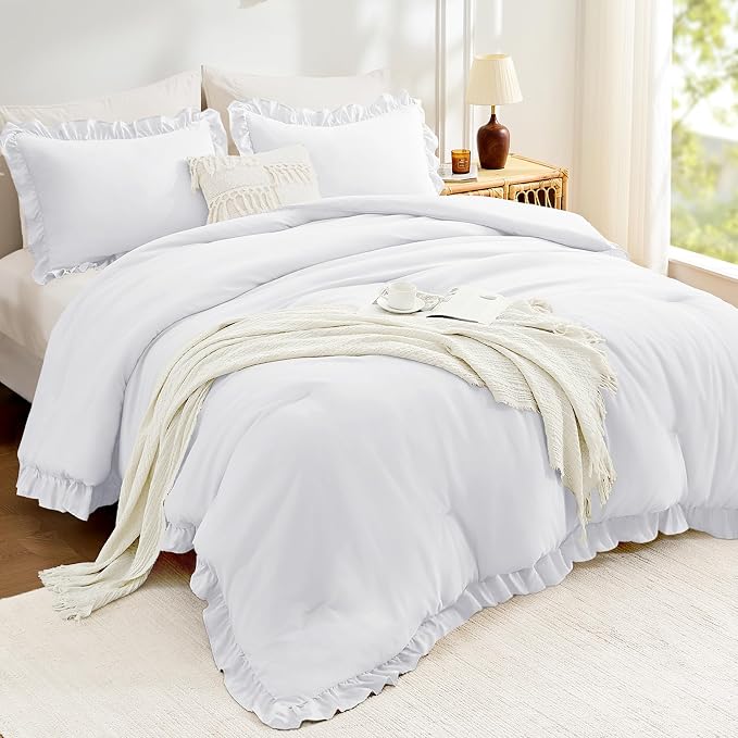 FUANNA Queen Comforter Set White 3 Pieces, Ruffle Shabby Chic Queen Bed Set - Image 2