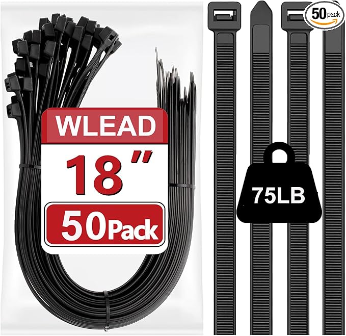 18 inch Black Zip Ties Heavy Duty, 75LBS Tensile Strength, Self-Locking Heavy by WLEAD