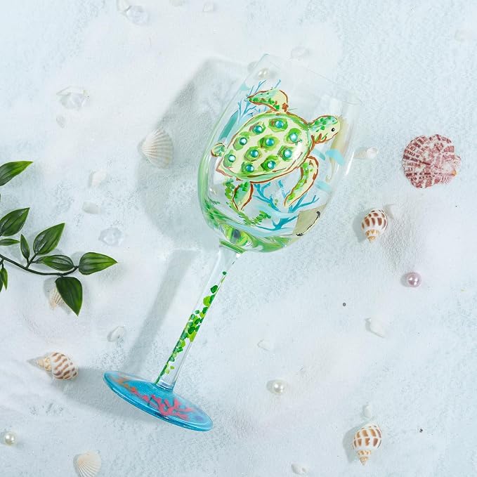 NymphFable 100% Hand-Painted Wine Glass Ocean Turtles Seagrasses Glass Artisan - Image 2