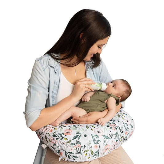 Boppy Nursing Pillow - Ergonomic Bottle & Breastfeeding Pillow with High, Firm, Large Area, Water-Repellent Cushion with Washable Cover; Baby Safety Alliance Verified - Pink Garden Flowers